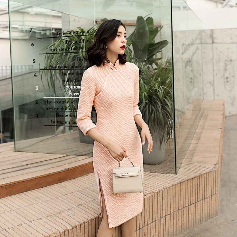 2019新款显瘦气质修身复古中国风改良旗袍针织加棉加厚连衣裙秋装|ru