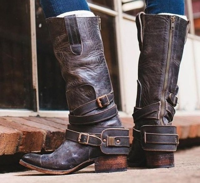 Large boot size strap buckle retro thick boots