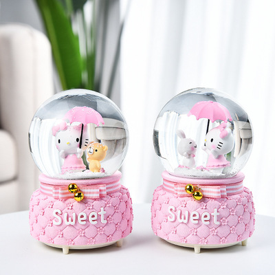 新款獨角獸水晶球旋轉飄雪花卡通可愛音樂盒擺件創意兒童節禮物