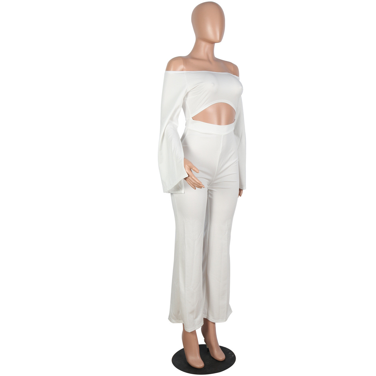 Boutique Casual Solid Color Long Sleeves Cropped off Shoulder Jumpsuit