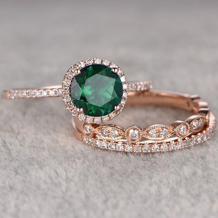 弗芮 跨境wish新款热卖镶绿宝石三件套戒指 复古时尚女士结婚戒指