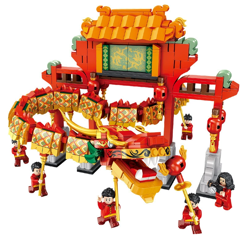 Panlos gift assembly Spring Chinese New Year auspicious lion dance dance dragon collection version 610006-7 building blocks