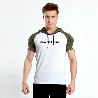 新款健身t恤運動帶帽短袖男夏 跑步彈力吸汗速幹緊身上衣廠家直銷