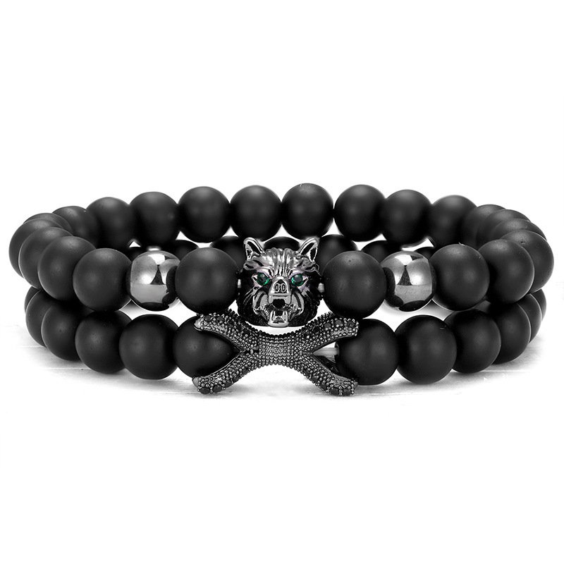 Factory Direct Micro-inlaid eight claw Zircon & charm zircon wolf head bracelet set 8mm matte stone bracelet jewelry Factory Direct Micro-inlaid eight claw Zircon & charm zircon wolf head bracelet set 8mm matte stone bracelet jewelry