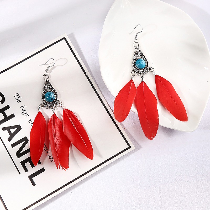 Fashion Simple Turquoise Feather Female Retro Ethnic Long Alloy Earrings display picture 3
