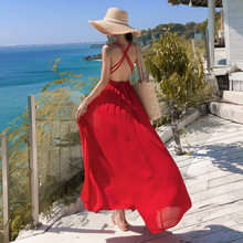 三亞沙灘裙2020新款女紅色性感露背連衣裙超仙海灘裙海邊度假長裙