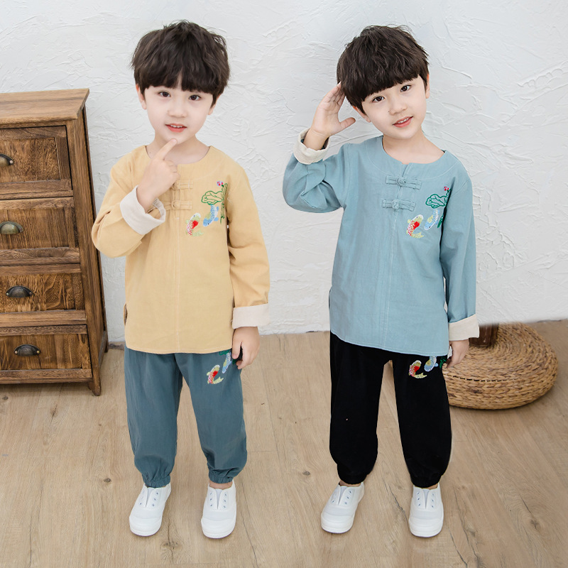童装古装2019秋冬新款男童复古休闲双鱼嬉荷汉服套装中国风秋外套