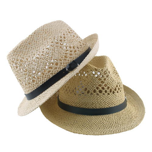 Middle-aged and elderly summer hand-woven hollow straw paper hat belt buckle casual curled jazz hat sun protection hat