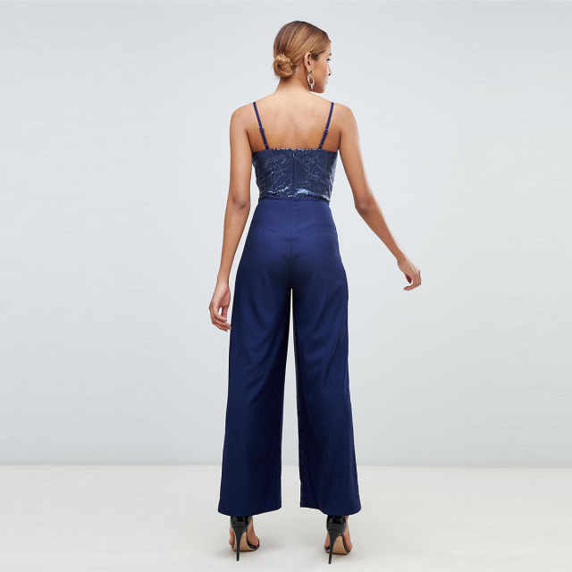 Sexy V-collar sequins stitching wide-legged pants