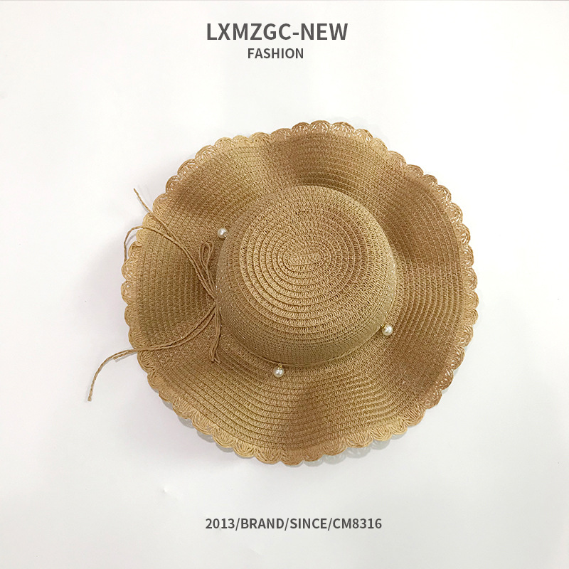 New Summer Straw Hat Ladies Korean Beach Vacation Beach Pearl Lace Bow Sun Hat display picture 8