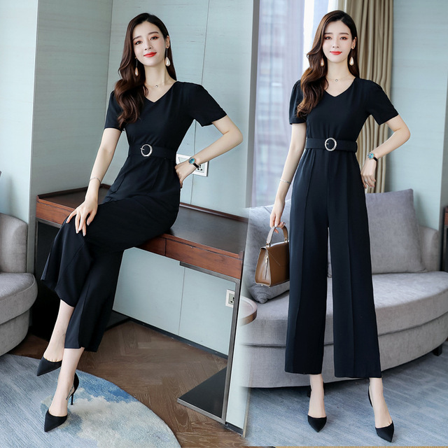 New Slender V-collar High-waist Broad-legged Couplet Pants Summer