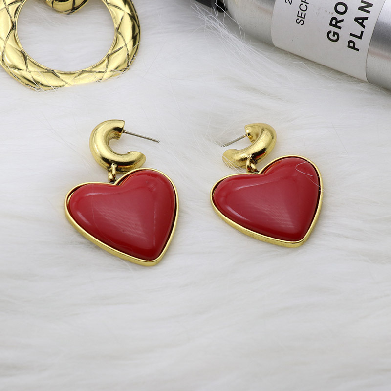 Fashion Style Retro Exaggerated Personalized Red Heart-shaped Sterling Silver Needle Earrings