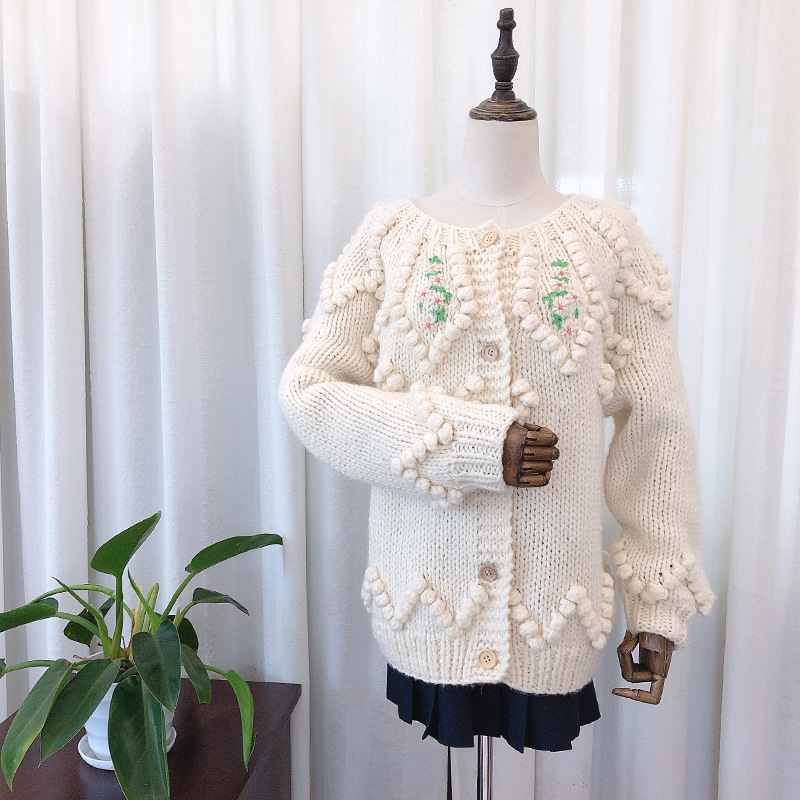 Vintage Sweater Autumn and Winter New Style Fully Handmade Pom-Pom Embroidery Fairy Sweater Coat for Women Thick and Heavy