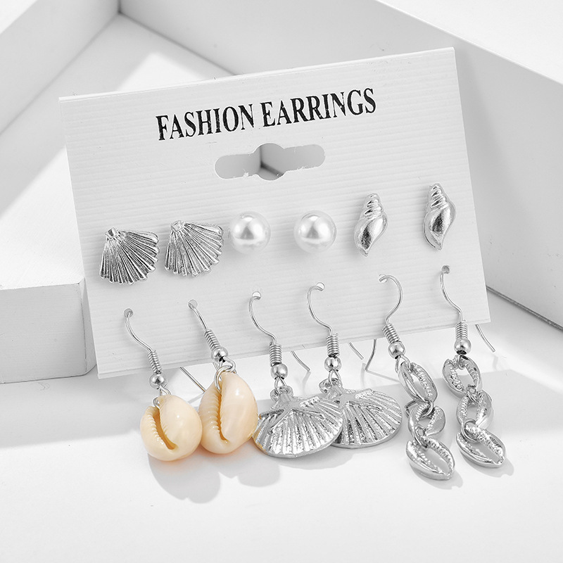 Earrings Marine Wind Pearl Conch Scallop Shell Earrings Earrings 6-piece Set Female display picture 3