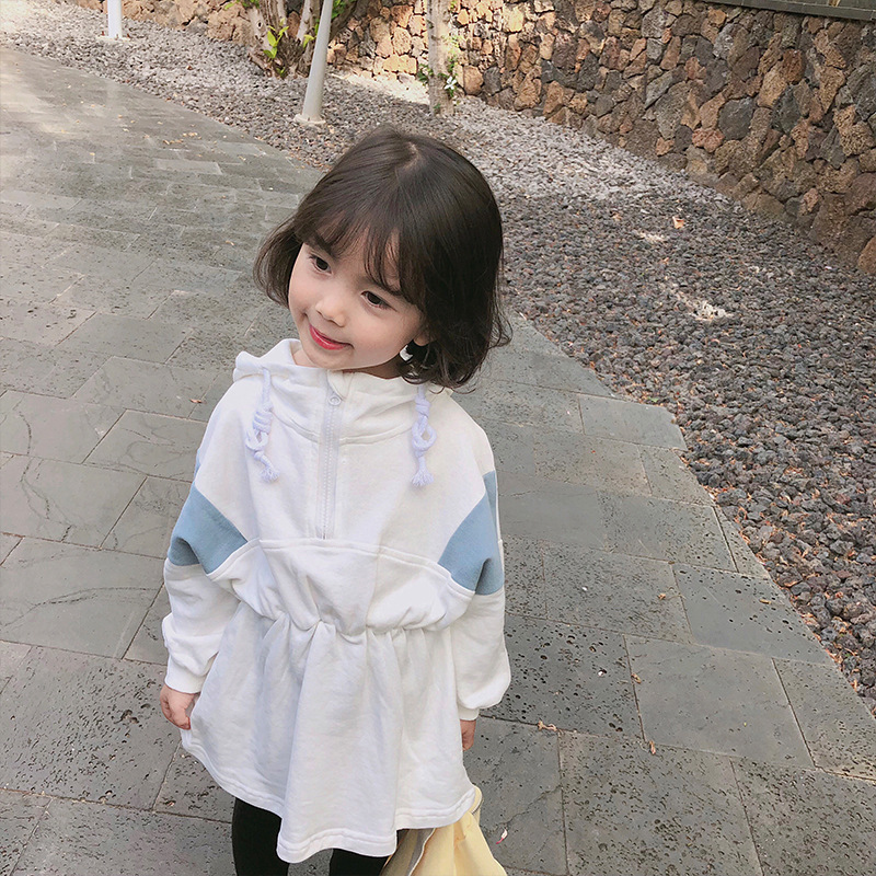 2019 spring clothes new pattern children Wei Yi skirt girl Waist section Color matching Hooded coat Mid length version 03