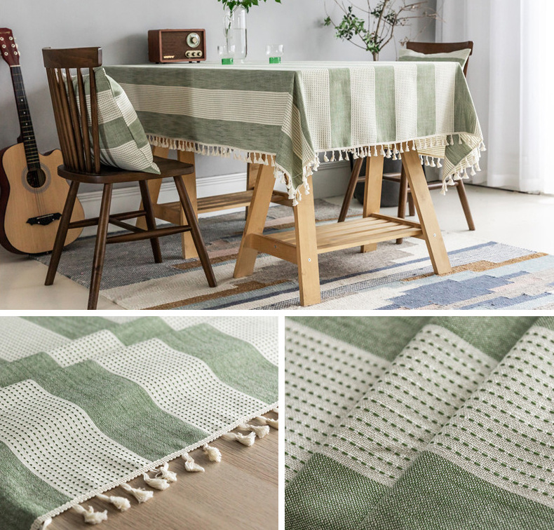 INS Nordic Solid Color Cotton Linen Tassel Geometric Striped Lace Rectangular Coffee Table Dining Tablecloth_voghion.com
