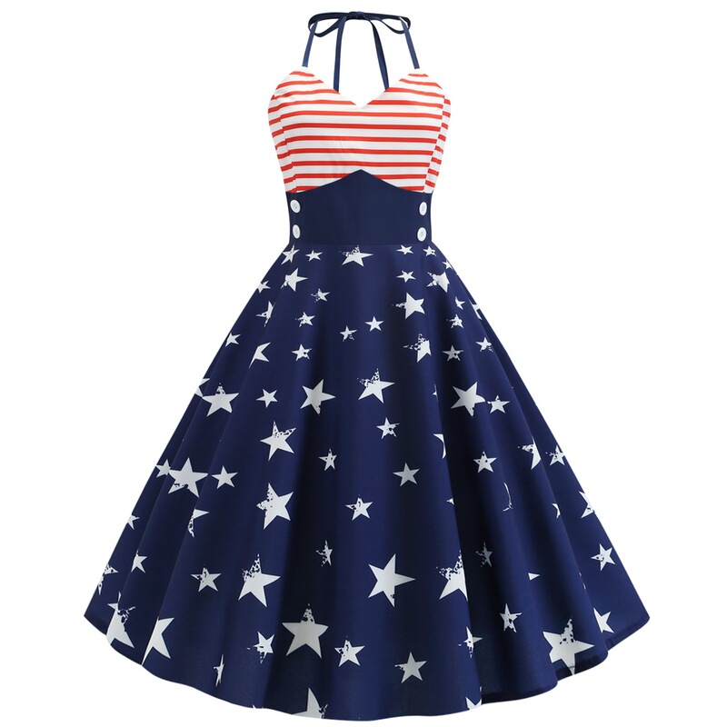 C039 Cross-border US Independence Day Vintage Women's Wear Neck Wrap Chest Striped Star Printed Large Swing Dress