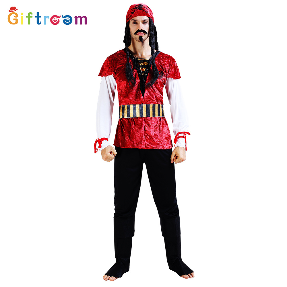 红色豪华成人男海盗杀手服派对海盗船长角色扮演服饰舞台表演服装