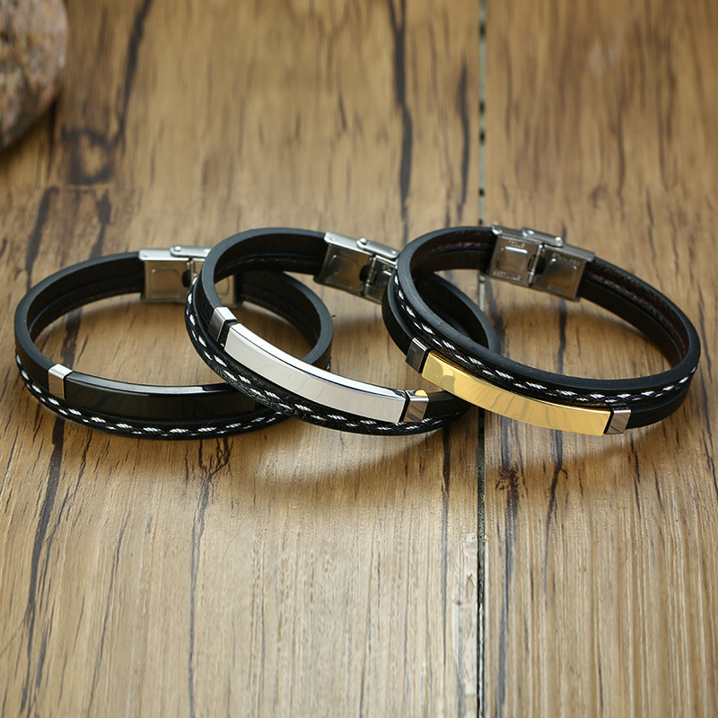 15g Weight Bracelets Classification 1 Piece Quantity Original Design Geometric 304 Stainless Steel Pu Leather Plating Men'S Bracelets Men Cord & Leather Bracelets