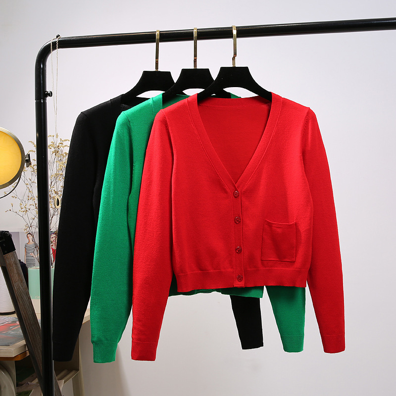 Korean-style Short Long-sleeved V-neck Pocket Cardigan Top Silk Cotton Long-sleeved Sweater V-neck Spring and Autumn Thin Jacket