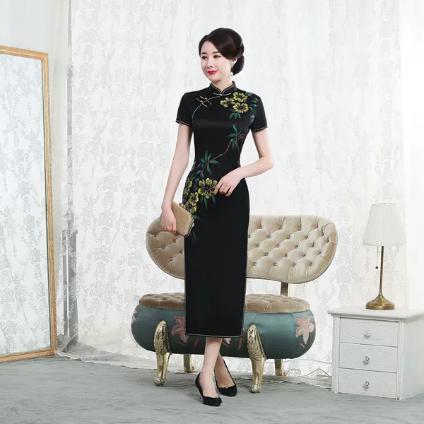 Black, yellow, long, flowered, with short sleeve