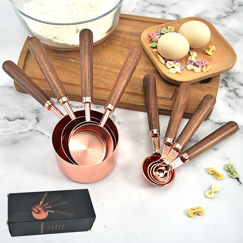 玫瑰金胡桃木手柄镀铜量杯量匙烘焙工具调酒刻度八件套量勺量匙
