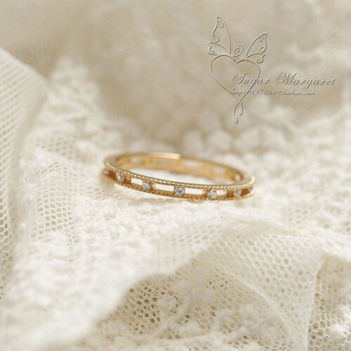 925 sterling silver plated with 14k gold, 7 small diamonds, small fresh ring for women, Japanese agete style, slim and versatile, stackable