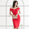 New cross one line neckline waist pack buttock slim dress