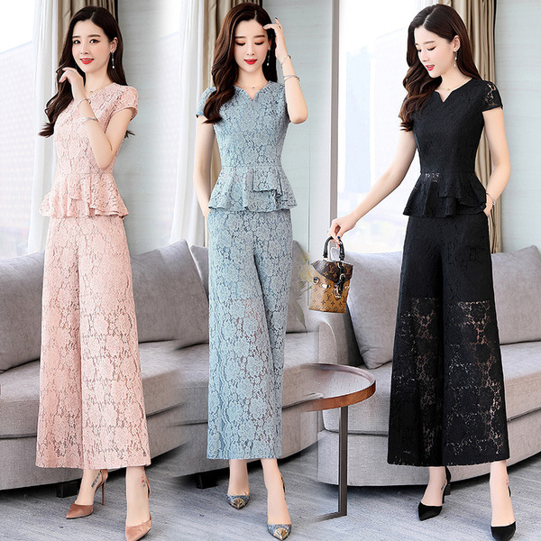 Lace casual pants suit summer fashion cotton broad-legged pants 