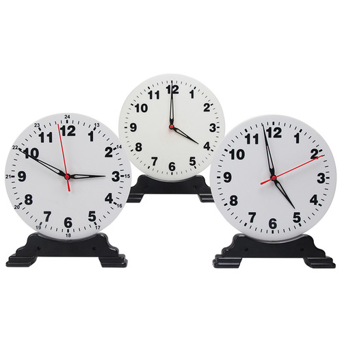 Clock model 25cm large teacher demonstration clock face with two non-linked hands and three linked hands at 12:24