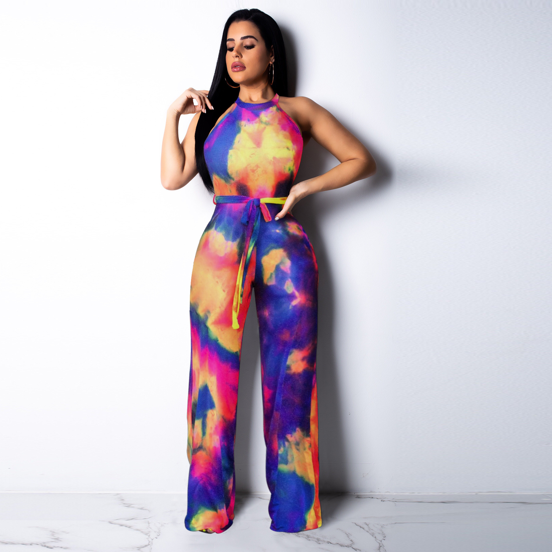 halter printed zipper jumpsuit Nihaostyles wholesale clothing vendor NSTYF72963