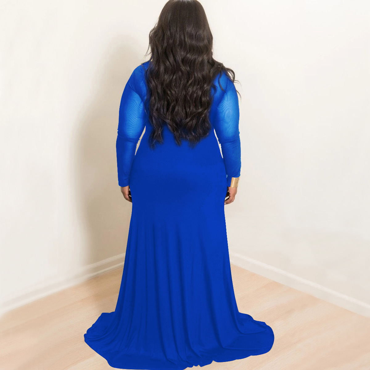 Long-Sleeved High-Neck Mesh Stitching Plus Size Dress NSBMF80102