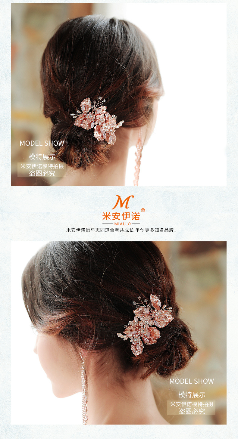 Fashion Alloy Flower Rose Gold Handmade Diamond Hair Comb display picture 3