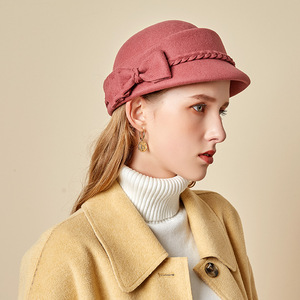 Party hats Fedoras hats for women Versatile braid bow Beret Hat Ladies Vintage woolen hat stewardess hat trend