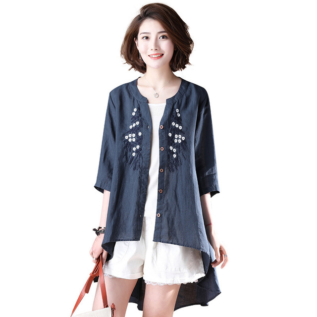 medium and long shirts V-neck embroidered seven-sleeve summer    