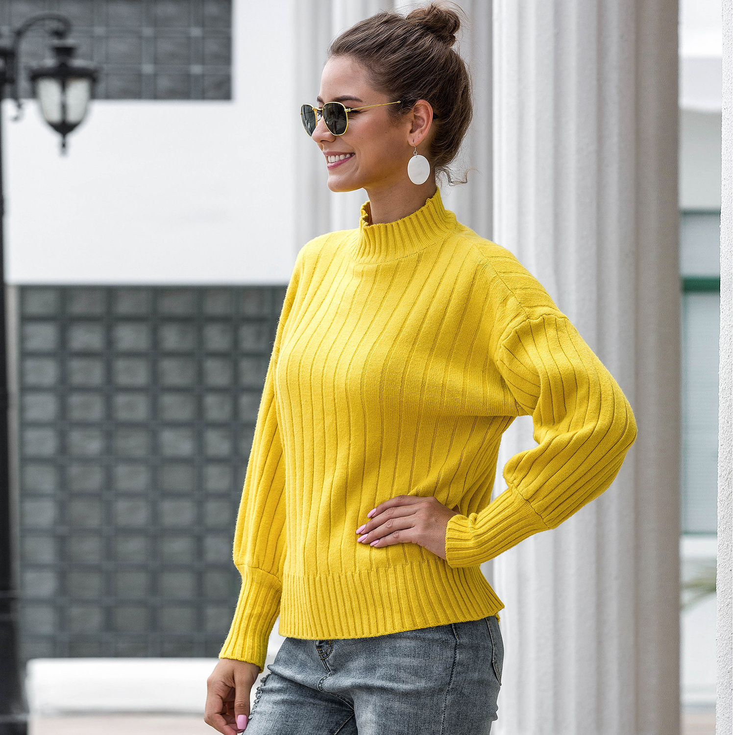 autumn and winter fashion mock collar lantern sleeve pit strip sweater NSMY15966