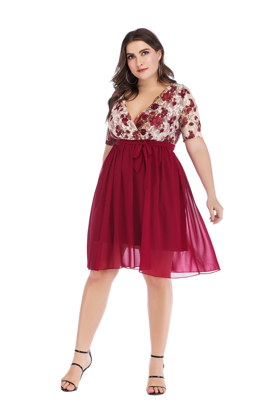 plus size sexy V-neck lace print stitching chiffon dress  NSYD35376