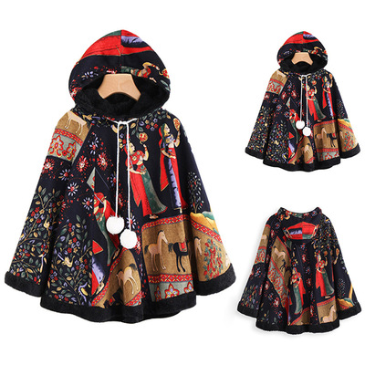 跨境歐美熱售2021秋冬季新款棉麻印花加絨披風鬥篷大碼外套現貨