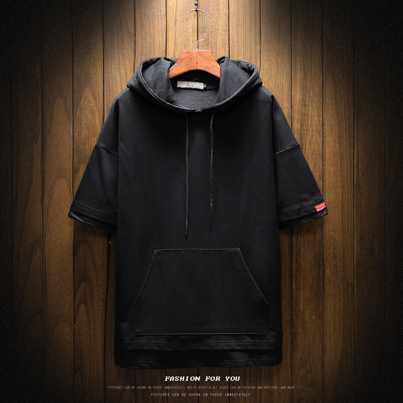 Summer New Teenager Men's Loose Large Size Solid Color Casual Casual Half Sleeve Hooded Sweatshirt Thin Jacket