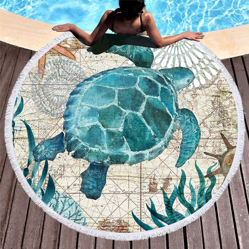 Embroidery new European and American retro round printed beach towel microfiber pool cushion quick-dried sea turtle octopus