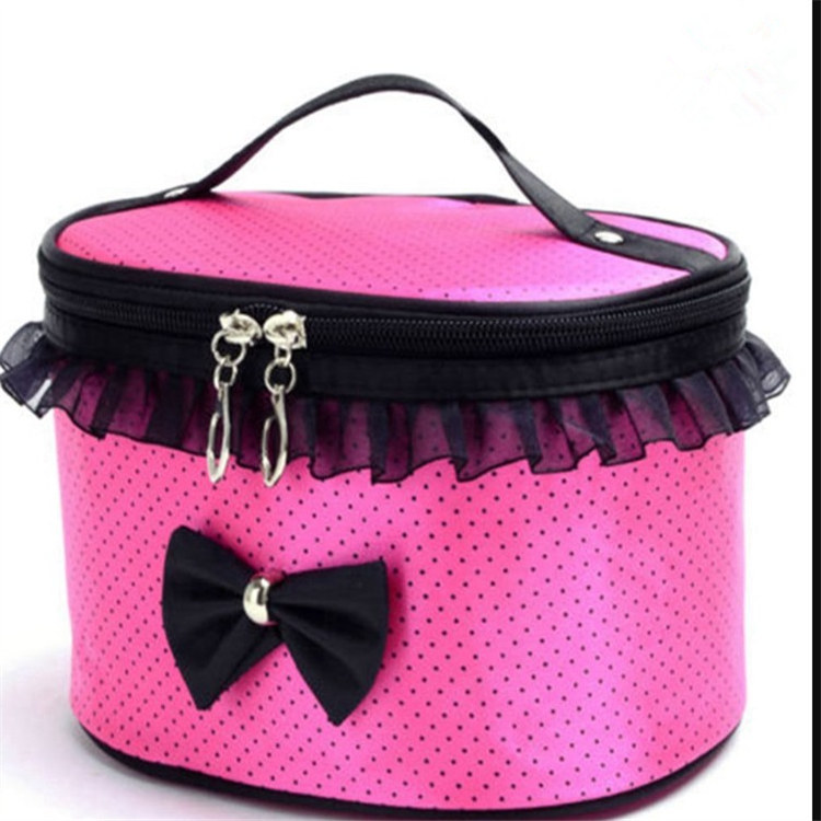 All Seasons Season Classic Style Round Dots Bow Knot Polyester Cylindrical Makeup Bags