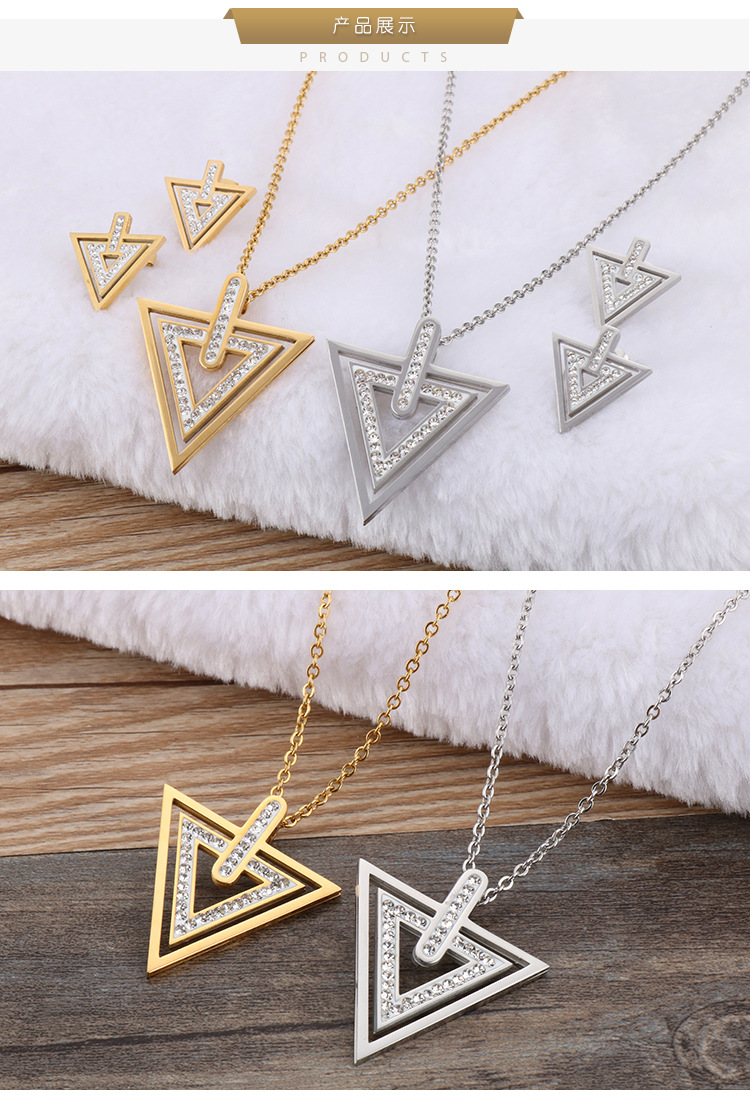 fashion stainless steel new temperament simple geometric triangle zircon pendant earrings two-piece 