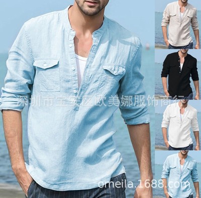Men's shirts summer Long sleeve shirt Cotton and hemp shirt Foreign trade explosion models
