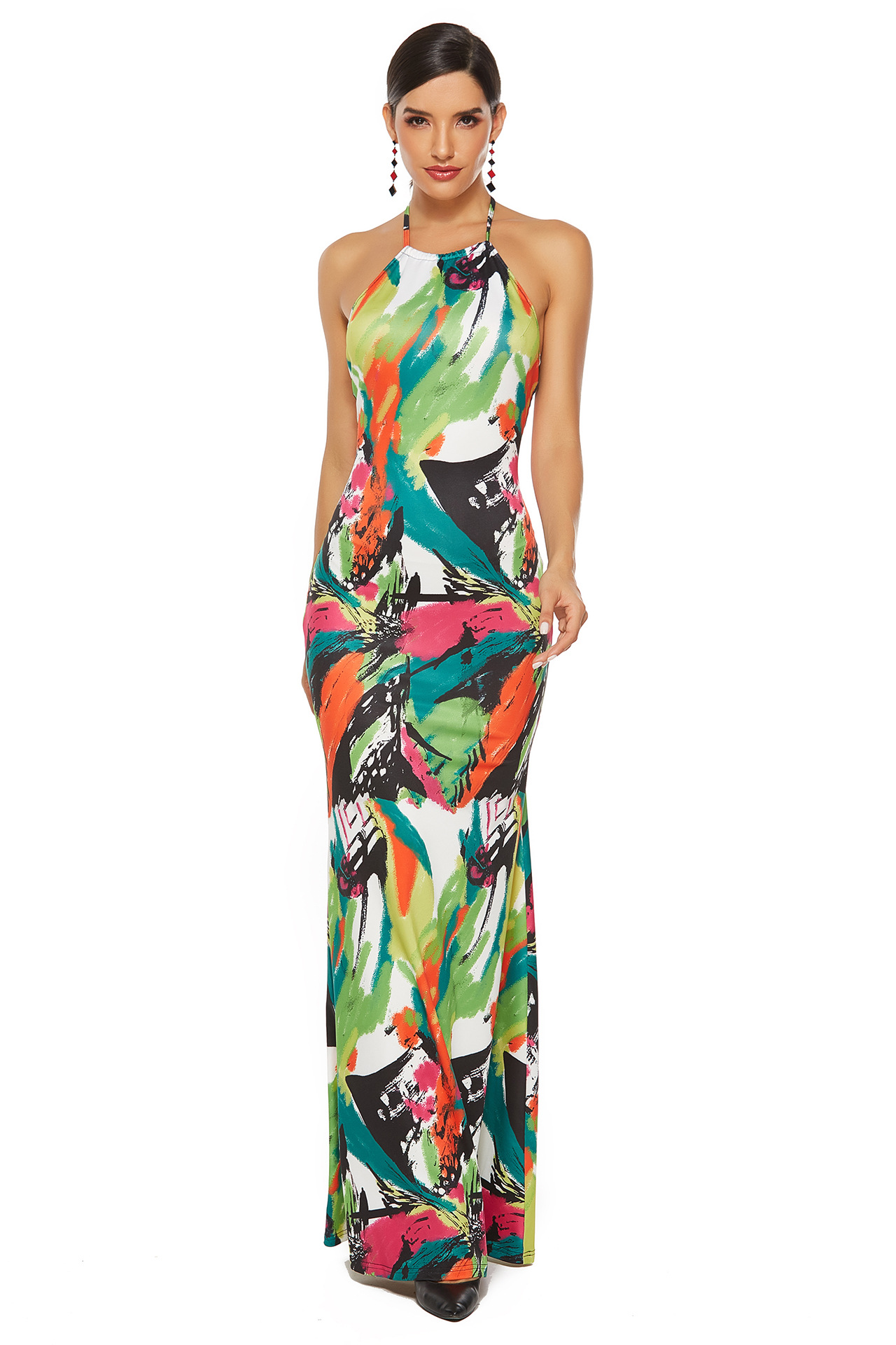 Colorful Printed Backless Maxi Dress Elegant Design Lace Up Detail Perfect for Parties and Formal Events Wholesale