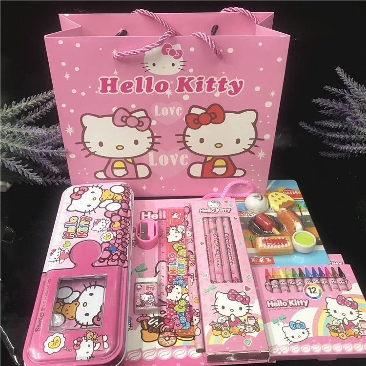 Набор канцелярских принадлежностей с мультфильмом (Hello Kitty) — двусторонний пенал, 12 цветов карандашей, подарок детям