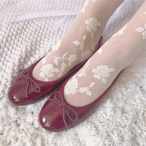 French elegant retro rose flower embroidered white stockings ultra-thin summer sweet palace pantyhose for women