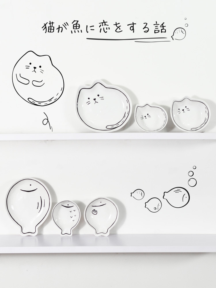 Japonés gato y pescado lindo creativo tazón de dibujos animados traje de cerámica ensalada tazón de verduras y frutas gran plato único