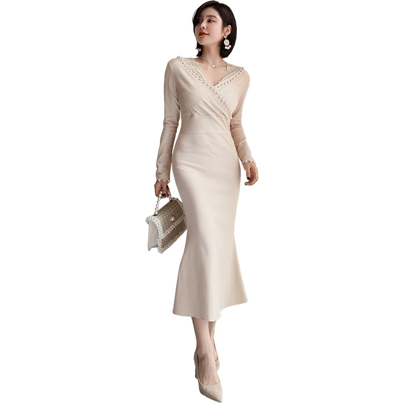 B7248 1120K VÁY ĐẦM LIỀN THÂN DÁNG DÀI NỮ CHOTDNG ÁO LEN MÙA XUÂN THU ĐÔNG KIỂU ĐUÔI CÁ CỔ CHỮ V THỜI TRANG NỮ REN G04 SẢN PHẨM MỚI