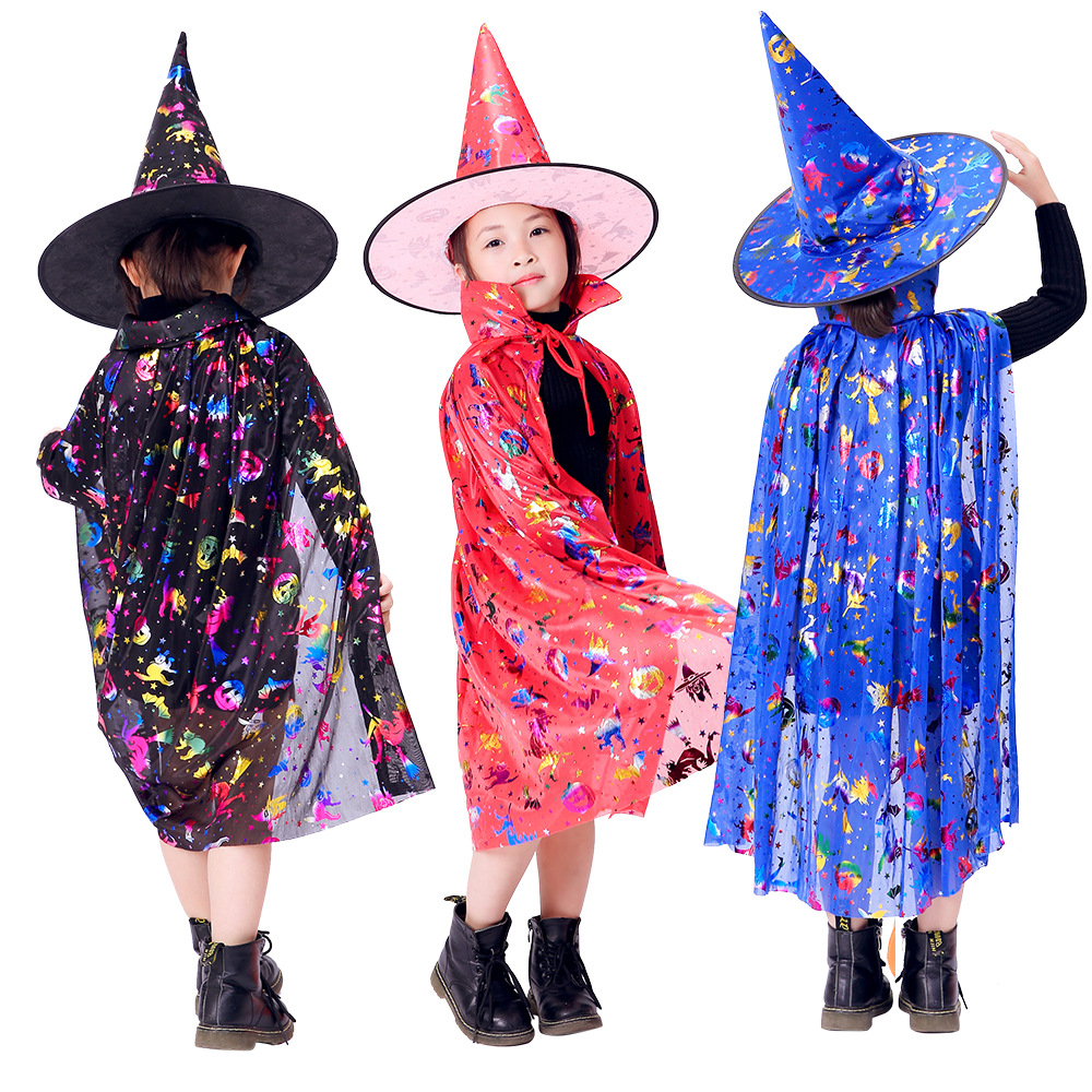 Nuevo capas de Halloween para niños cosplay magia bruja sombrero capas de jardín de infantes espectáculo vestuario