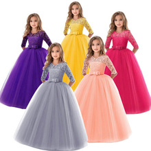 亚马逊新款中大童婚纱公主裙中袖蕾丝连衣裙女童钢琴演出服5色
